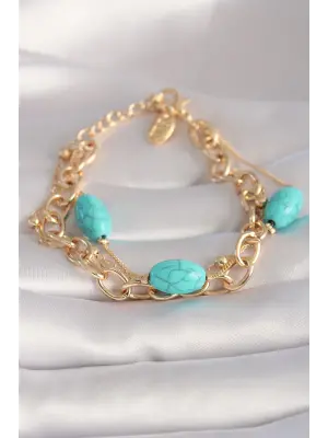 Pirinç Gold Renk Turkuaz Boncuk Çoklu Kadın Bileklik