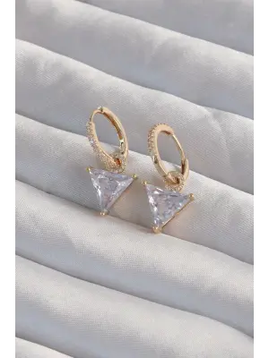  Altın Üçgen Zirkon Taşlı Sallantılı Halka Küpe