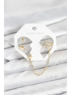 Çelik Gold Renk Uzay Model Zincir Bağlantılı Ear Cuff Küpe Seti