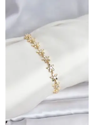 Çelik Gold Renk VIP Seri Sıralı Taşlı Yıldız Model Zirkon Taşlı Kadın Bileklik