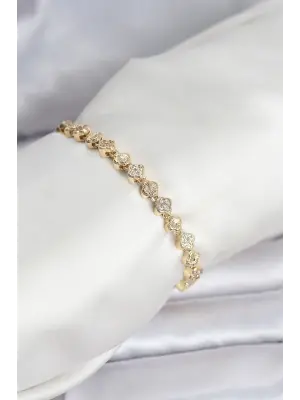 Çelik Gold Renk VIP Seri Sıralı Yonca Model Zirkon Taşlı Kadın Bileklik