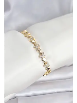 Çelik Gold Renk VIP Seri Yıldız Model Zirkon Taşlı Kadın Bileklik