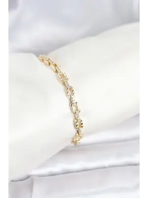 Çelik Gold Renk VIP Seri Zincir Model Zirkon Taşlı Kadın Bileklik