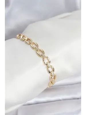 Çelik Gold Renk VIP Seri Zincir Model Zirkon Taşlı Kadın Bileklik