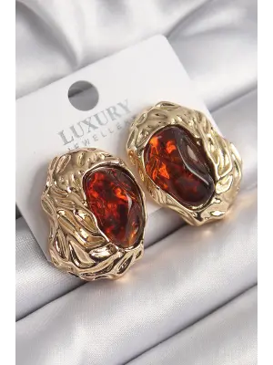  Altın Volkanik Oval İşleme Detay Vintage Çelik Küpe