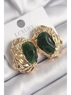 Altın Yeşil Oval İşleme Detay Vintage Çelik Küpe
