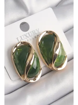  Altın Yeşil Oval Vintage Çelik Küpe