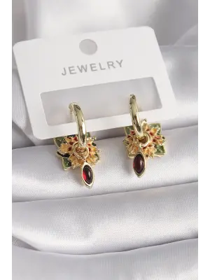  Altın Yeşil Sarı Renkli Kırmızı Zirkon Taşlı Motif Model Çelik Küpe
