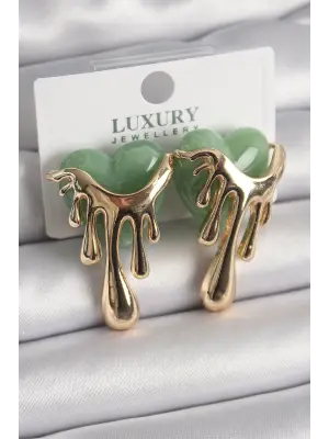  Altın Yeşil Sedefli Akan Kalp Model Çelik Küpe