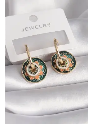  Altın Yeşil Turuncu .Renkli Motif Model Çelik Küpe