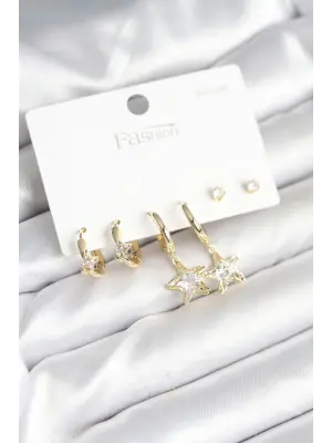 Pirinç Gold Renk Yıldız Model 925 Gümüş Çivili Kadın Küpe Seti