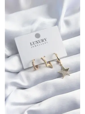 Pirinç Gold Renk Yıldız Model Zirkon Taşlı 3lü Kadın Küpe Seti