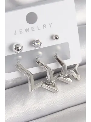 Gümüş Yıldız Model Zirkon Taşlı Topçuk Detay Çelik Küpe Seti