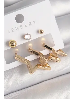  Altın Yıldız Model Zirkon Taşlı Topçuk Detay Çelik Küpe Seti