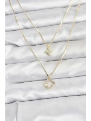 Çelik Gold Renk Yonca Model 2li Kadın Kolye