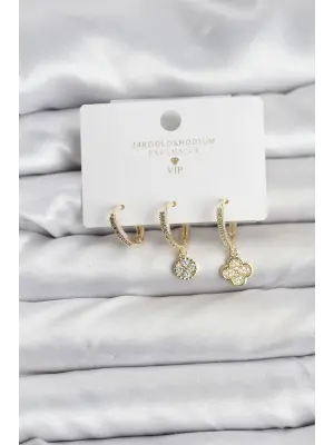 Pirinç Gold Renk Yonca Model 3lü Kadın Küpe Seti