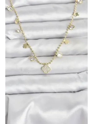 Pirinç Gold Renk Yonca Model Kadın Kolye