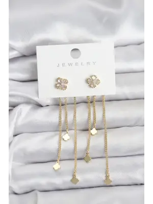 Pirinç Gold Renk Yonca Model Sallantılı Kadın Küpe