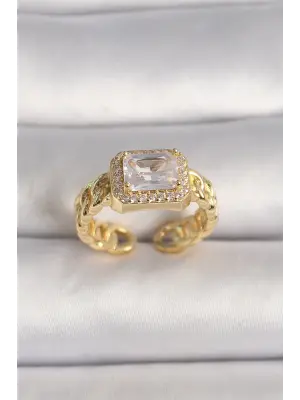  Altın Zincir Model Kare Zirkon Taşlı Çelik Yüzük