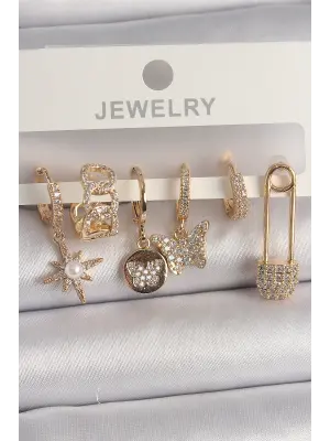  Altın Zirkon Sallantı Zirkon Taşlı İnci Detay Kelebek Figür Çelik Küpe Seti