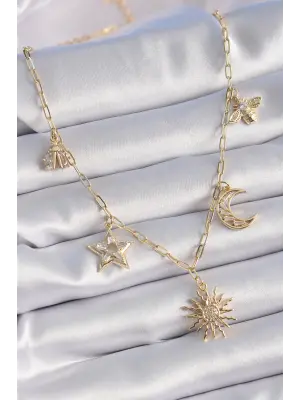 Pirinç Altın  Zirkon Taş Detay Çoklu Figür  Şans Çelik Kolyesi