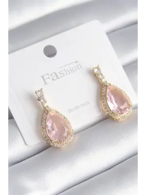  Altın Zirkon Taş Detay Damla Pembe Zirkon Taş Model Çelik Küpe