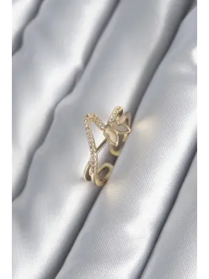  Altın Zirkon Taş Detay Kelebek Model Çelik Yüzük