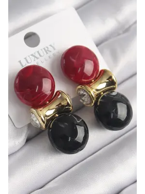  Altın Zirkon Taş Detay Kırmızı Siyah Doğal Taşlı Vintage Çelik Küpe