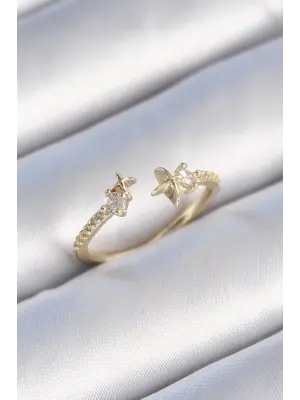  Altın Zirkon Taş Detay Yıldız Model Çelik Yüzük