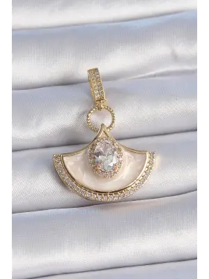 Pirinç Gold Renk Zirkon Taş Detaylı Beyaz Mineli Ajda Charm