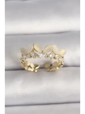  Altın Zirkon Taş Detaylı Beyaz Mineli Kelebek Model Ayarlanabilir Yüzük