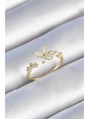  Altın Zirkon Taş Detaylı Beyaz Mineli Kelebek Model Çelik Yüzük