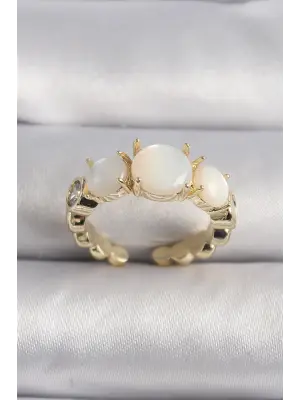  Altın Zirkon Taş Detaylı Beyaz Sedefli VIP Seri Çelik Yüzük