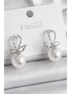  Altın Zirkon Taş Detaylı Fiyonk İnci Model Çelik Küpe