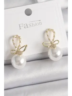  Altın Zirkon Taş Detaylı Fiyonk İnci Model Çelik Küpe