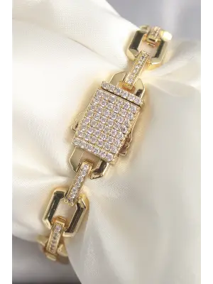 Pirinç Gold Renk Zirkon Taş Detaylı Kare Zincir Model Xuping VIP Exculusive Seri Kadın Bileklik