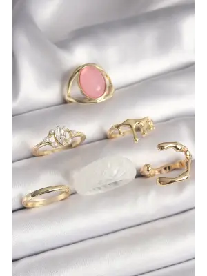  Altın Zirkon Taş Detaylı Pembe Mineli 6Lı Çelik Yüzük Seti