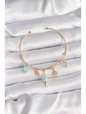 Pirinç Gold Renk Zirkon Taş Detaylı Sallantı Kutup Yıldız Figür Kadın Bileklik