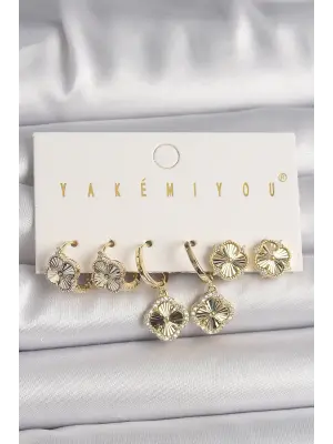 Altın Zirkon Taş Detaylı Yonca Model VIP Seri Çelik Küpe Kombini