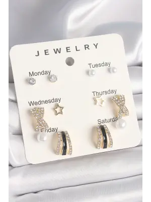 Pirinç Gold Renk Zirkon Taş Yıldız Detaylı İncili 7Li Set Kadın Küpe Seti