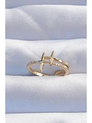  Altın Zirkon Taşlı 2li Görünüm Ayarlanabilir Yıldız Model Yüzük