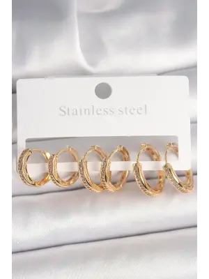 Pirinç Gold Renk Zirkon Taşlı 3 Çift Daire Model Kadın Küpe