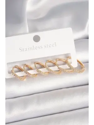 Pirinç Gold Renk Zirkon Taşlı 3 Çift Halka Model Kadın Küpe