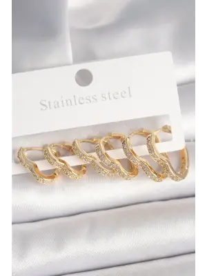 Pirinç Gold Renk Zirkon Taşlı 3 Çift Kalp Model Kadın Küpe