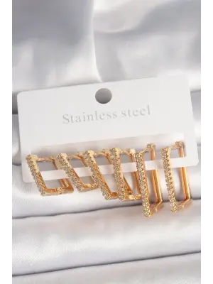 Pirinç Gold Renk Zirkon Taşlı 3 Çift Kare Model Kadın Küpe