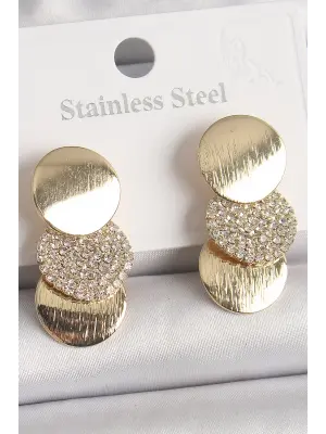  Altın Zirkon Taşlı 3Lü Daire Plaka Model Çelik Küpe