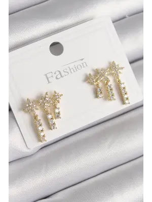  Altın Zirkon Taşlı 3Lü Sallantı Yıldız Model Çelik Küpe