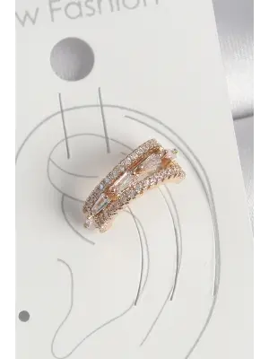 Pirinç Gold Renk Zirkon Taşlı 3Lü Sıralı Model Kadın Kıkırdak Küpe