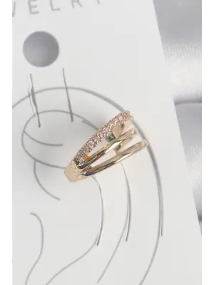 Pirinç Gold Renk Zirkon Taşlı 3Lü Sıralı Model Kadın Kıkırdak Küpe