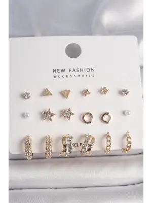  Altın Zirkon Taşlı 9 Çift Çelik Küpe Seti